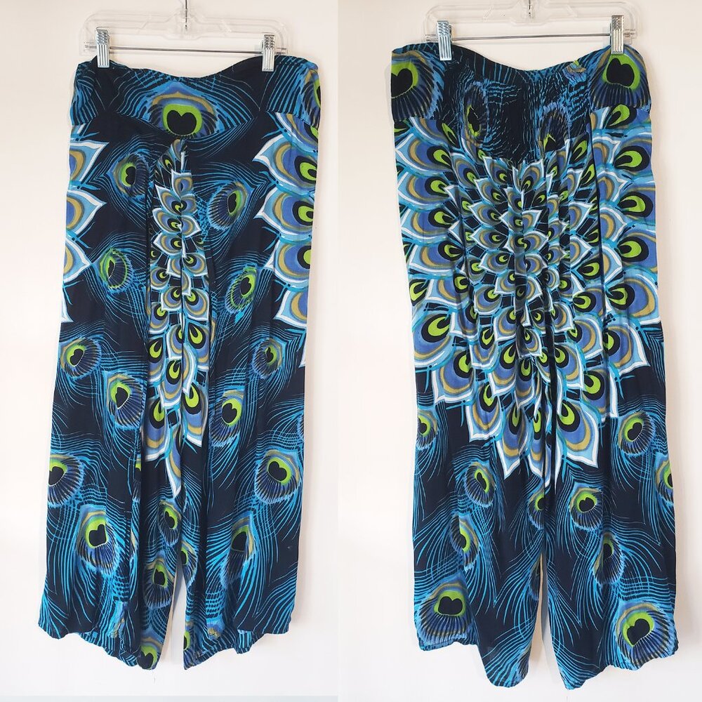 Bright Blue Yellow Wide Leg Peacock Fisherman Yoga Meditation Beach Pants